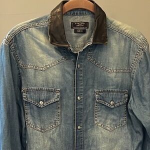 🕺Zara Man Denim Couture Slim Fit western shirt button down faux leather collar